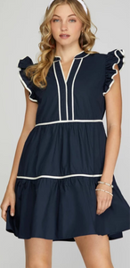 Ava Navy Ruffle Sleeve She + Sky Tiered Pocket Dress