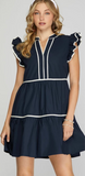 Ava Navy Ruffle Sleeve She + Sky Tiered Pocket Dress