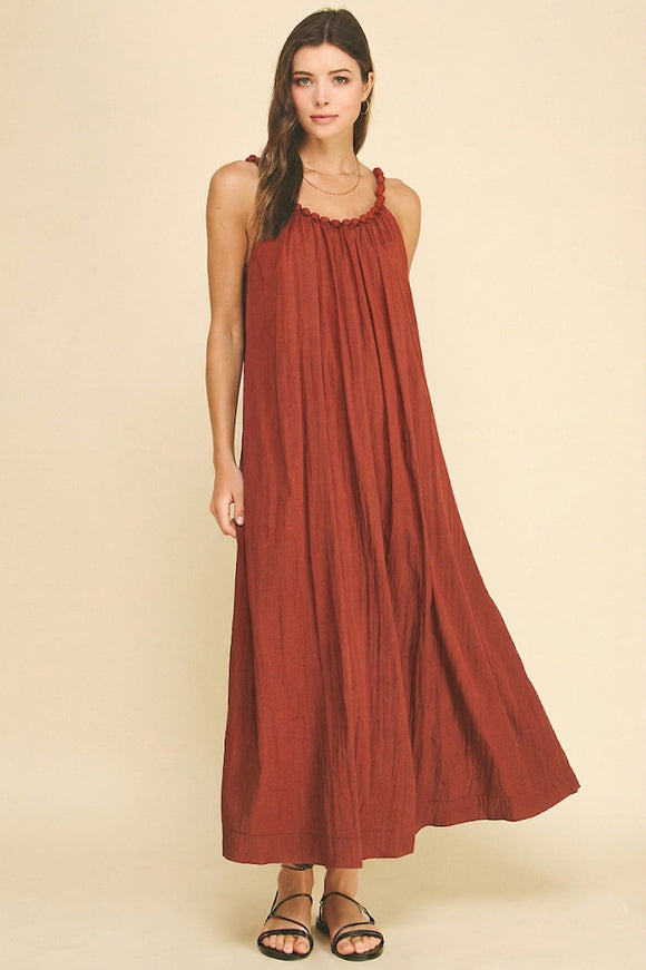 solid maxi dress PINCH Daphine Solid Maxi Dress with Ball Trim Neckline – Fig Tree Jewelry & Accessories