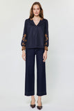 Tatiana Contrast Embroidered Long Sleeve Current Air Top