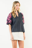 THML Wren Floral Pattern Puff Sleeve V Neck Top