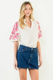 THML Shay Floral Pattern Puff Sleeve V Neck Top