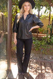 Ashley 3/4 Sleeve Button Down Solid Faux Leather  VOY Top