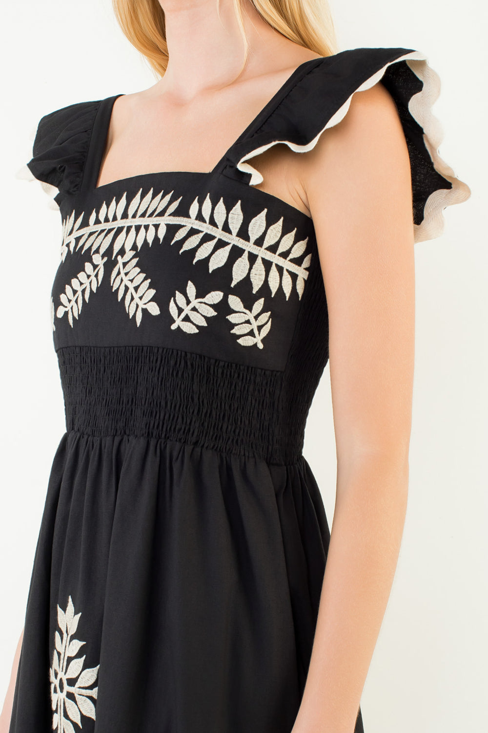 thml black embroidered dress Catherine Flutter Sleeve Embroidery Detail XS Wood:Smoke Cherry 25% Cotton Brand What shoes to wear all-women