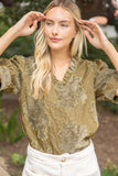 Berkley Ruffled V Neck Textured Burnout Velvet VOY Top