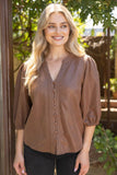 Octavia 3/4 Sleeve Button Down Solid Faux Leather  VOY Top