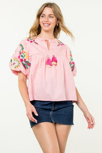 Marissa Embroidered Detail Puff Sleeve THML Top