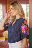 Bitsy Embroidered Raglan Sleeve Floral Textured VOY Top