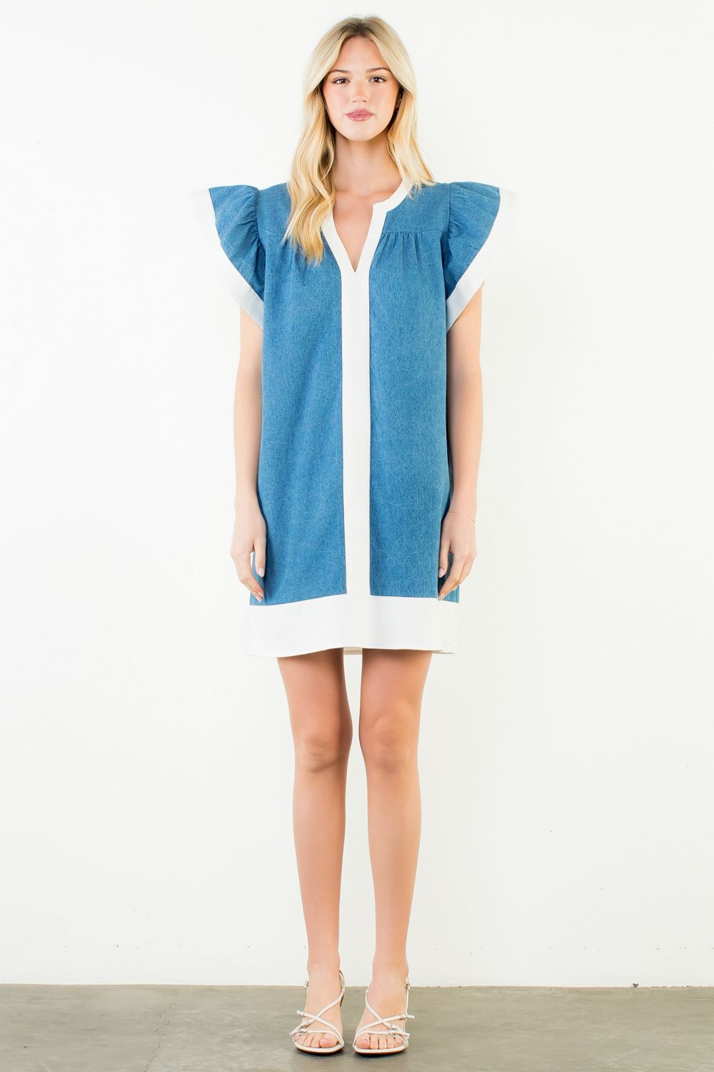 denim flutter sleeve mini dress Rock & Roll Denim Women's Solid Flutter Sleeve Mini Dress