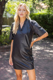 Vanessa Ruffled V Neck Solid Faux Leather Shift  VOY Dress