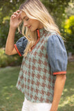 Cleo Stripe Denim Sleeve Houndstooth Tweed VOY Top
