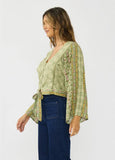 Lovestitch Hadley Button Down Front Tie Wide Sleeve with Lace Trim Top