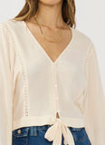 Lovestitch Aurora Button Down Front Tie Wide Sleeve with Lace Trim Top