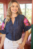 Bitsy Embroidered Raglan Sleeve Floral Textured VOY Top