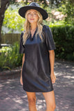 Vanessa Ruffled V Neck Solid Faux Leather Shift  VOY Dress