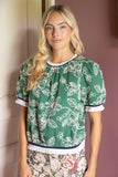 Janette Striped Rib Band Detail Floral Embroidered VOY Top