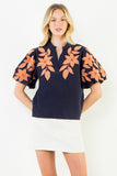 THML Briar Corduroy Embroidered Puff Sleeve  Top