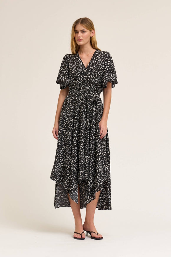 galleria maxi dress ser o ya Elliana Unbalanced Skirt Floral Print Grade and Gather S 523MM Asymmetrical hem Vintage 1970s Landlubber Denim Color:Antique Brass / Coffee Foam / Beige / Ghost White