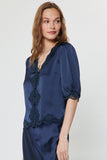 Kaeli Lace Satin V Neck Short Sleeve Button Front Current Air Blouse