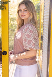 Sloane Floral Eyelet Crochet Bubble Sleeve Suede VOY Top