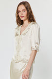 Aldis Lace Satin V Neck Short Sleeve Button Front Current Air Blouse