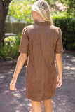 Kary Ruffled V Neck Solid Faux Leather Shift  VOY Dress