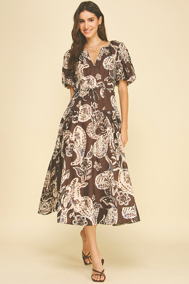 PINCH Marcie Paisley Puff Sleeve Midi Dress