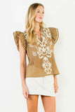 THML Billy Textured Embroidery Flutter Sleeve Top