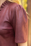 Edith Ruffled V Neck Solid Faux Leather Shift  VOY Dress