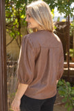 Octavia 3/4 Sleeve Button Down Solid Faux Leather  VOY Top