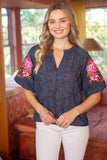 Bitsy Embroidered Raglan Sleeve Floral Textured VOY Top