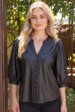 Ashley 3/4 Sleeve Button Down Solid Faux Leather  VOY Top