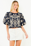 THML Maisy Embroidered Puff Sleeve Cropped  Top