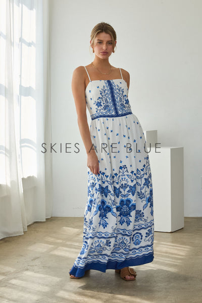 Nora Sleeveless Border Print Maxi Skies are Blue Dress