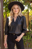 Ashley 3/4 Sleeve Button Down Solid Faux Leather  VOY Top