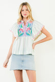 THML Adley Flutter Sleeve Embroidered Top