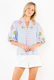 THML Esther Puff Sleeves Striped Embroidery Detail V Neck Top