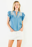 THML Celeste Ruffle Sleeve Embroidered Top