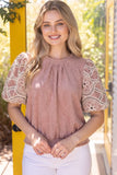 Sloane Floral Eyelet Crochet Bubble Sleeve Suede VOY Top