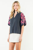 THML Wren Floral Pattern Puff Sleeve V Neck Top