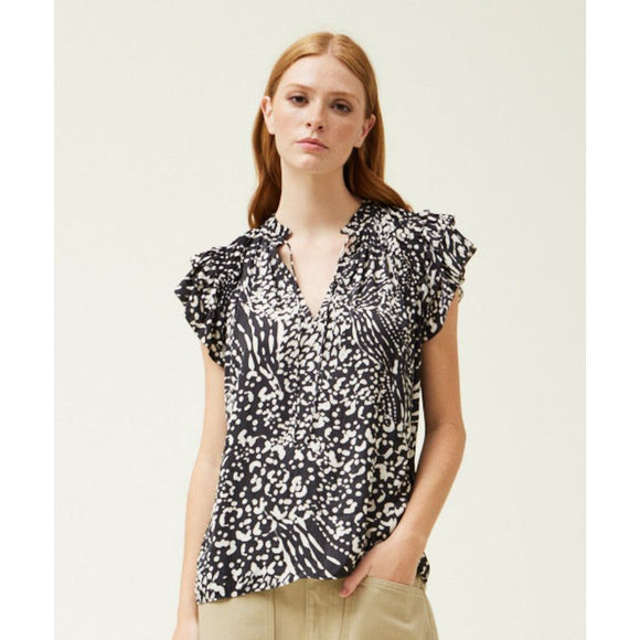 Mary Grade and Gather Black Printed Ruffle Sleeve Blouse