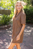 Kary Ruffled V Neck Solid Faux Leather Shift  VOY Dress