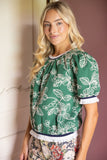 Janette Striped Rib Band Detail Floral Embroidered VOY Top