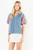 THML Viviana Puff Sleeve Embroidery Detail Textured Top