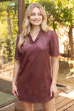 Edith Ruffled V Neck Solid Faux Leather Shift  VOY Dress
