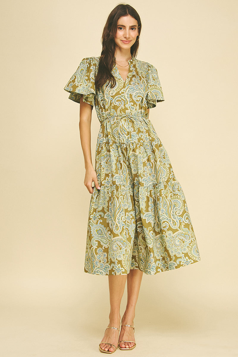 PINCH Anya Paisley Flutter Sleeve Midi Dress