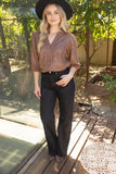 Octavia 3/4 Sleeve Button Down Solid Faux Leather  VOY Top