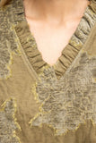 Berkley Ruffled V Neck Textured Burnout Velvet VOY Top