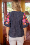 Bitsy Embroidered Raglan Sleeve Floral Textured VOY Top