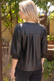 Ashley 3/4 Sleeve Button Down Solid Faux Leather  VOY Top